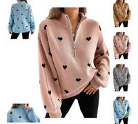 Quarter Zip Pullover Heart Sweater,Women Heart Pattern Half-Zip Knit Top | Heart Sweater for Women,Loose Cute Fall Winter Outfit,Casual Pullover,Stand Collar Drop Shoulder Long Sleeve Comfy Sweaters
