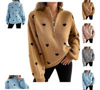 Quarter Zip Pullover Heart Sweater,Women Heart Pattern Half-Zip Knit Top | Heart Sweater for Women,Loose Cute Fall Winter Outfit,Casual Pullover,Stand Collar Drop Shoulder Long Sleeve Comfy Sweaters