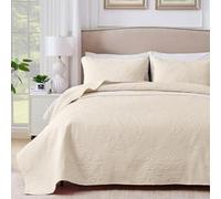 Qucover Colcha Beige Estampada 240x260cm, Juego de Colcha Cama 180 Ultrasónica, Cubrecama Microfibra con 2 Fundas de Almohada 50x75cm, Manta de Verano Cama 180 Superligera con Elegante Patrón Foral