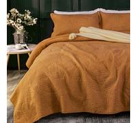 Qucover Colcha Cama 150 Suave y Cómoda de Algodón, Cubrecama Naranja Tamaño 230x250cm con un Elegante Patrón Bordado de Hojas de Palma, Juegos de Colchas Acolchadas con 2 Fundas para Almohadas 50x75cm