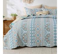 Qucover Colcha Cama 180 Bohémico, Cubrecama 250x270 cm Diseño Reversible con Motivos Geométricos Étnicos, Colcha Acolchado Azul para Decoración Interior con 2 Fundas de Almohada 50x75 cm