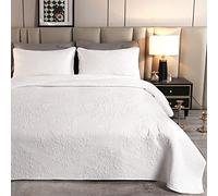 Qucover Juego de Colcha Cama 150, Colcha Blanca Estampada 220x240cm Ultrasónica, Cubrecama 150 Microfibra con 2 Fundas de Almohada 50x75cm, Manta de Verano Superligera con Elegante Patrón Foral