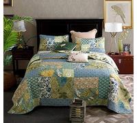 Qucover Juego de Colcha Patchwork para Cama 150 y Cama 180,Colcha Bouti 100% Algodón Cómodo, Cubrecama 240x260cm Verano/Invierno en Patrón Floral Verde,Manta Cama y Sofa Colcha Moderno Personalizado