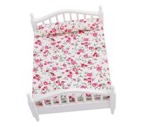 Qudinip Cama para Casa de Muñecas, Minimuebles con Patrón de Flores, Cama Doble para Casa de Muñecas a Escala 1/12, 15,5x8x12,3cm, Madera y Tela