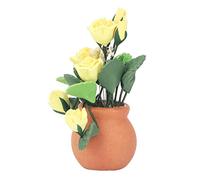 Qudinip Modelo de Flor para Casa de Muñecas 1:12, Rosa Amarilla Viva con Hojas Verdes para Escenas en Miniatura, Maceta de Cerámica Roja, 1 Unidad