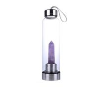 Queemie Natural Amatista Cristal Botella de Agua, Acero Inoxidable Vidrio Púrpura Cuarzo Piedra Preciosa Obelisco Varita Energía Copa de Deportes para Curación Bienestar 550ml