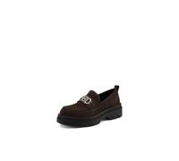 QUEEN HELENA Mocasines de mujer sin cordones con tacón ancho X35-68 | Abrazadera dorada, banda frontal, modelo sin cordones, punta redondeada con borde en relieve, trabilla trasera