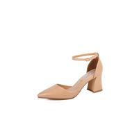 QUEEN HELENA ZM96400 - Zapatos elegantes de tacón medio con puntera cerrada y correa para mujer, Nude, 39 EU