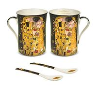 Queen Isabell - Juego de 2 tazas de café grandes de 250 ml con cuchara "El beso" de Gustav Klimt negro, idea de regalo de porcelana