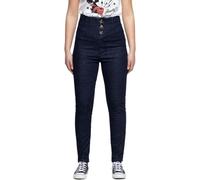 Queen Kerosin Pantalones vaqueros de cintura alta para mujer, corte ajustado, tira de botones, estilo vintage, azul oscuro, 32W / 32L