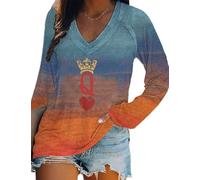 Queen of Hearts - Camiseta moderna con cuello en V para mujer, transpirable, casual, ajuste holgado, para uso diario, Multicolor, XS