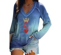Queen of Hearts - Camiseta moderna con cuello en V para mujer, transpirable, casual, ajuste holgado, para uso diario, azul, XS