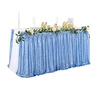 QueenDream Faldón de Mesa de Lentejuelas Azul bebé de 6 pies para Mesa Redonda Rectangular Cuadrada Brillante para Fiesta de cumpleaños, Baby Shower Familiar