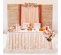 QueenDream Faldón de Mesa de Tul Color champán de 9 pies, Falda de Mesa con tutú LED para Bodas, Fiestas de cumpleaños, postres y Tartas