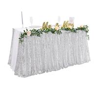 QueenDream Faldón de Mesa Plateado de 6 pies para Mesa Rectangular para Fiesta, Baby Shower, cumpleaños, Vacaciones, exposición, recepción