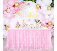 QueenDream Pink Table Skirt 6FT Tulle Table Skirting 2 Layer Rectangle Pink Tutu Tablecloth for Birthday Baby Shower Wedding