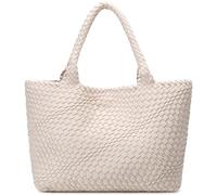 Queenoris - Bolso tote con diseño tejido para mujer, bolso con asas superiores para llevar al hombro, en piel vegana, grande, para viaje, Beige, Medium