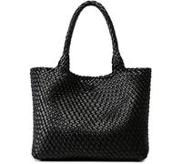 Queenoris - Bolso tote con diseño tejido para mujer, shopper con asas superiores para llevar al hombro, en piel vegana, grande, ideal para viaje, Negro -, Medium