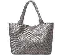 Queenoris - Bolso tote con diseño tejido para mujer, shopper con asas superiores para llevar al hombro, en piel vegana, grande, ideal para viaje, plateado, Medium