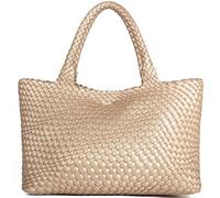 Queenoris - Bolso tote con diseño tejido para mujer, shopper con asas superiores para llevar al hombro, en piel vegana, grande, ideal para viaje, Dorado, Medium