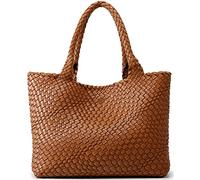 Queenoris - Bolso tote con diseño tejido para mujer, shopper con asas superiores para llevar al hombro, en piel vegana, grande, ideal para viaje, Marrón, Medium