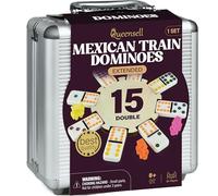Queensell Dominó de tren mexicano - 136 puntos de colores dobles 15s, 9 trenes, cubo de madera, caja de aluminio