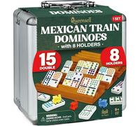 Queensell Juego de doble tren de dominó mexicano 15 con 8 asas - soportes de cubo y azulejos de madera - doble 15 con puntos (D15 + 8 asas)