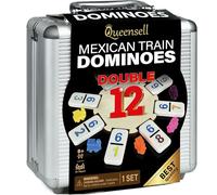Queensell Juego de dominó de tren mexicano con números, juegos de dominó dobles para adultos, tren de dominó mexicano para adultos y familia, juegos de dominó de 91 azulejos con caja de aluminio