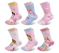 Queenshin 6 Pares Calcetines Niñas Infantiles con Diseño Elegante Castillo Arco Iris Princesa Calcetín Crew Suave Cómodo Regalos 5-8 años Tamaño 28-32