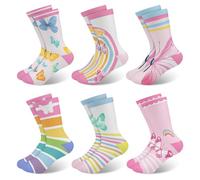 Queenshin 6 Pares Calcetines Niñas Infantiles con Patrones Coloridos Lindas Mariposas y Rayas de Arco Iris Calcetín Crew Suaves Regalos 3-5 años Tamaño 25-28