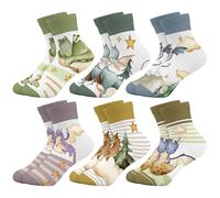 Queenshin 6 Pares Calcetines Niñas Infantiles Patrón de Dragón de Dibujos Animados con Rayas Calcetín Tobilleros Cómodo Regalos 5-8 años Tamaño 28-32