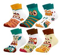 Queenshin 6 Pares Calcetines Niñas Infantiles Patrones Coloridos Búho de Dibujos Animados Calcetín Tobilleros Transpirable Cómodo Regalos 3-5 años Tamaño 25-28