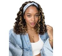 QUEENTAS Brown Mixed Black Deep Wavy Headband Wig, 14" Deep Wave Synthetic Headband Wig for Women - Glueless Lightweight Natural Look Easy to Wear Forehead Band Wigs