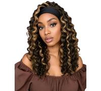 QUEENTAS Brown Mixed Black Deep Wavy Headband Wig, 16" Deep Wave Synthetic Headband Wig for Women - Glueless Lightweight Natural Look Easy to Wear Forehead Band Wigs