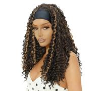 QUEENTAS Brown Mixed Black Deep Wavy Headband Wig, 18" Deep Wave Synthetic Headband Wig for Women - Glueless Lightweight Natural Look Easy to Wear Forehead Band Wigs