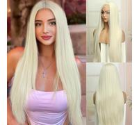 Queentas Peluca de encaje frontal de 13 x 3 pulgadas, pelucas sintéticas largas y lacias para mujer, para fiestas, citas, uso diario, 28 pulgadas (rubio platinado)