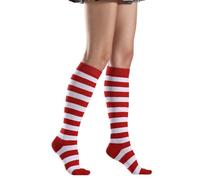 QUEENYARD Calcetines altos a rayas de algodón para mujer - Calcetines altos con rayas coloridas y divertidas, rojo / blanco, Talla única