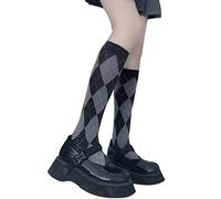 QUEENYARD Calcetines altos hasta la rodilla para mujer, vintage, multicolor, con estampado de rombos, Negro, Talla única