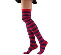 QUEENYARD Calcetines altos por encima de la rodilla para mujer, medias a rayas coloridas para cosplay, calcetines altos hasta el muslo, calcetines largos para botas de regalo, Rojo y azul., Talla