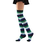 QUEENYARD Calcetines altos por encima de la rodilla para mujer, medias a rayas coloridas para cosplay, calcetines altos hasta el muslo, calcetines largos para botas de regalo, Verde, azul, blanco,