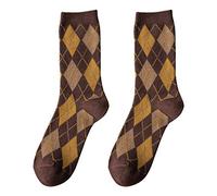 QUEENYARD Calcetines étnicos con estampado de rombos para mujer, estilo vintage, marrón, Talla única