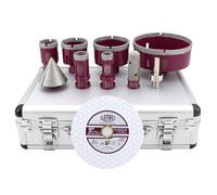 QUEFORET Brocas para Porcelánico 10 Piezas - 20/25/35/50/68/110mm x M14 Corona de Diamante, 20mm Fresa, 50mm Broca de Chaflán, Aadaptador, 125mm Disco Diamante para Azulejos Cerámica Mármol Granito