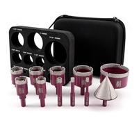 QUEFORET Brocas para Porcelánico 11 Piezas - 10 Piezas 6/8/10/20/25/28/32/35/45/65mm Corona de Diamante, 1 Pieza 50mm Fresa de Biselado para Cerámica Porcelánico Azulejos Mármol Granito