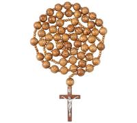Quelay Rosario católico de 42 pulgadas con cuentas santificadas, hecho a mano, cadena de madera natural, cruz de Jesús, XL, rosario cristiano de pared grande