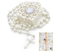 Quelay Rosario para mujer, regalo católico, con cuentas de Nuestra Señora del Rosario, collar de tarjeta de oración, regalos de confirmación, 20.87 inches, Perla falsa y aleación de zinc, Sin piedra