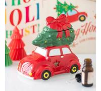 Quemador de aceite de coche con árbol de Navidad, diseño de coche rojo vintage para aceites aromáticos navideños, decoración festiva del hogar con dije retro, funciona con velas de té, tapa extraíble