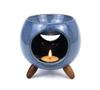 Quemador de aceites esenciales, lámpara aromática de cerámica con 3 patas de madera, quemador de aceite para aromaterapia y ambientación, color azul