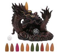 Quemador de cascada de incienso de dragón Quemador de soporte de cono de incienso de reflujo de cerámica con 10 conos de incienso y bola de cristal que cambia de color para la decoración del hogar