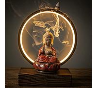 Quemador de incienso de cerámica con diseño de Buda en cascada, soporte de quemador de incienso chino con luz LED, conos de incienso para decoración del hogar y la oficina (rojo)