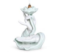 Quemador de incienso de cerámica con flor de loto, soporte de cono de humo de cascada, adorno de manos de meditación, decoración de aroma zen blanco con flor de cerámica extra, 18 x 14 cm JR2593